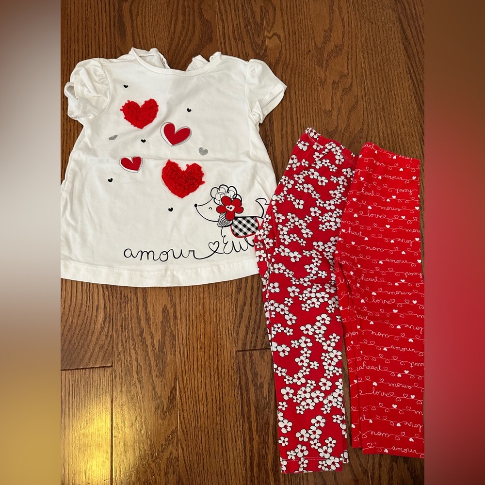 NWOT  mayoral White Top with Red Heart Appliqués & Red Floral/Script Pants